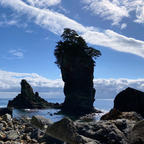 海岸近くにそびえたつ三王岩。逆光で真っ黒に写っちゃったけど、これはこれで迫力あるような。