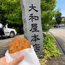 谷本蒲鉾店松山道後店で買ったじゃこカツを大和屋本店前でかぶりつく