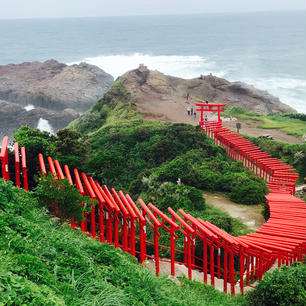 写真でみた通り、海×朱色の鳥居が綺麗
車でないと行けないので諦めていた元乃隅神社でしたが、台風で列車が止まり急遽レンタカーにしたので行けました！

#元乃隅神社 #山口の旅　#0歳子連れ旅