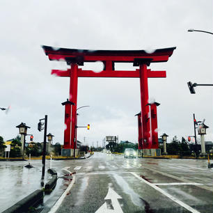 日本一の大鳥居！雨の雰囲気も相まって味があってよい！！(助手席からの撮影です)